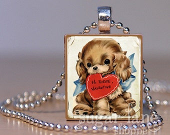 Valentine's Day Necklace - Vintage Valentine Puppy Necklace - Valentine Necklace -  Valentines Jewelry - Puppy Necklace - Scrabbble Necklace