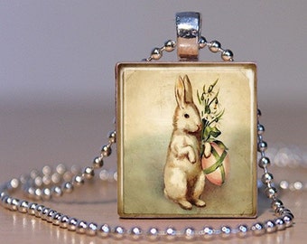 Vintage Easter Bunny Necklace - Vintage Easter Necklace - Vintage Easter Jewelry - Easter Lillies - (EBCB2) - Scrabble Necklace