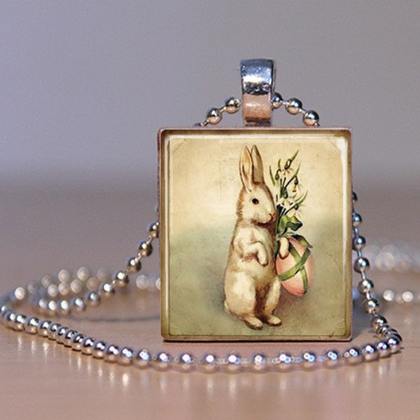 Vintage Easter Bunny Necklace - Vintage Easter Necklace - Vintage Easter Jewelry - Easter Lillies - (EBCB2) - Scrabble Necklace