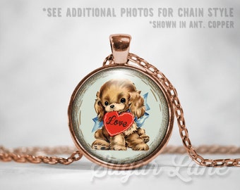 Vintage Puppy Necklace - Valentine Pendant - Valentines Day Necklace - Valentines Day Jewelry - Vintage Valentine - Glass Dome Necklace