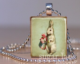 Vintage Easter Bunny Necklace (EBCD6) - Vintage Easter Necklace - Vintage Easter Jewelry - Scrabble Necklace - Vintage Style Easter Pendant