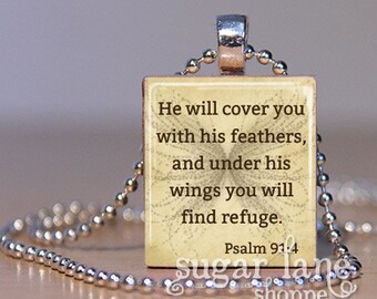 Bible Verse Scripture Necklace - (SPSA1 - He will cover you with his feathers - Psalm 91:4) - Scrabble Tile Pendant with Chain