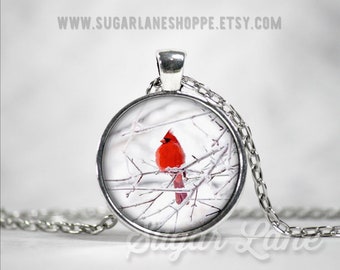 Red Cardinal Necklace -Remembrance Necklace - Cardinal Jewelry - Winter Cardinal -Glass Dome Necklace - Cardinal Pendant - Cardinal Memorial