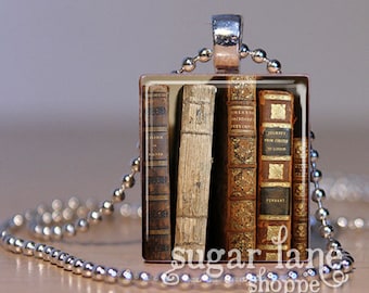 Vintage Book Necklace - Antique Books Necklace - (BRB1) - Librarian Gift -Book Club Gift - Scrabble Tile Pendant with Chain