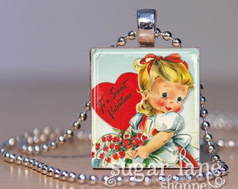 Vintage Valentine Necklace - Sweet Valentine - Vintage Valentine - Valentines Day Jewelry - Valentines Jewelry  Scrabble Pendant with Chain