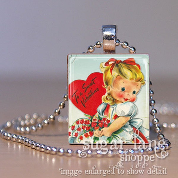 Vintage Valentine Necklace - Sweet Valentine - Vintage Valentine - Valentines Day Jewelry - Valentines Jewelry  Scrabble Pendant with Chain