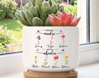 Personalized Primero Madre Ahora Abuela Ceramic Plant Pot, Spanish Birth Flowers Gift For Abuela,  Abuelita Gift, Mothers Day Gift