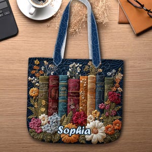 Custom Printed Book Lover Tote Bag, Books Lover Gift, Vintage Books Quilt Handbag, Books Quilt Gift For Reader, Bookish Gift, Bookshelf Bag