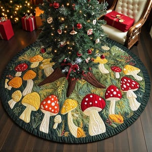 Woodland Mushroom Christmas Tree Skirt, Forest Fungi Holiday Decor, Rustic Cottagecore Mushroom Xmas Tree Skirt, Nature Lover Winter Decor