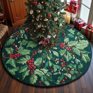 Holly Mistletoe Christmas Tree Skirt, Holiday Decor, Rustic Xmas Tree Skirt, Nature Lover Winter Decor, Christmas Tree Cover For Family