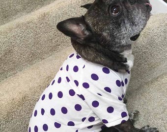 French Bulldog Frenchie Cotton Pullover Tshirt in Purple and White Polka Dots