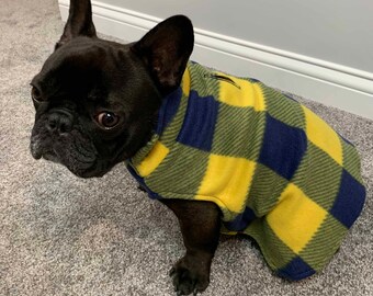 French Bulldog Frenchie Navy Blue and Gold  Buffalo Checked Fleece Pullover Jacket with Stand Up Collar