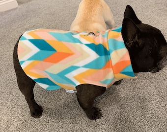 French Bulldog Frenchie Multicolored Geometric Fleece Pullover Jacket with Stand Up Collar