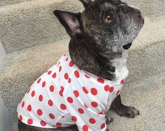 French Bulldog Frenchie Cotton Pullover Tshirt in RedOrange  and White Polka Dots
