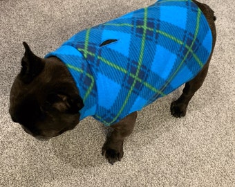 French Bulldog Frenchie Vibrant Turquoise and Lime Plaid Pullover Jacket with Stand Up Collar