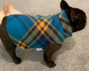 French Bulldog Frenchie Blue Orange Diagonal  Plaid Pullover Jacket with Stand Up Collar