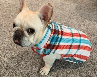 French Bulldog Frenchie Turquoise, White, Red, and Black Plaid Pullover Jacket with Stand Up Collar
