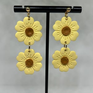Double Daisy Drop Earrings – Sunny Yellow Polymer Clay Flowers with Gold Accents