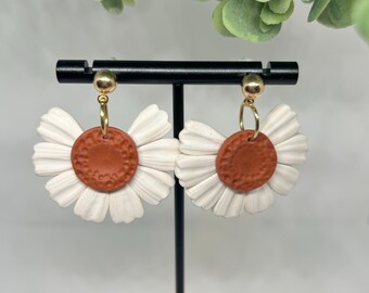 Terracotta Daisy Dangle Earrings | Boho Polymer Clay Floral Earrings | Handmade Statement Jewelry