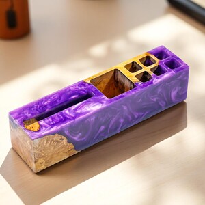 Purple Resin Card Holder with Smooth Gloss Finish, Handmade Desk Organizer for Business Cards, Office Decor, and Gift for Professionals