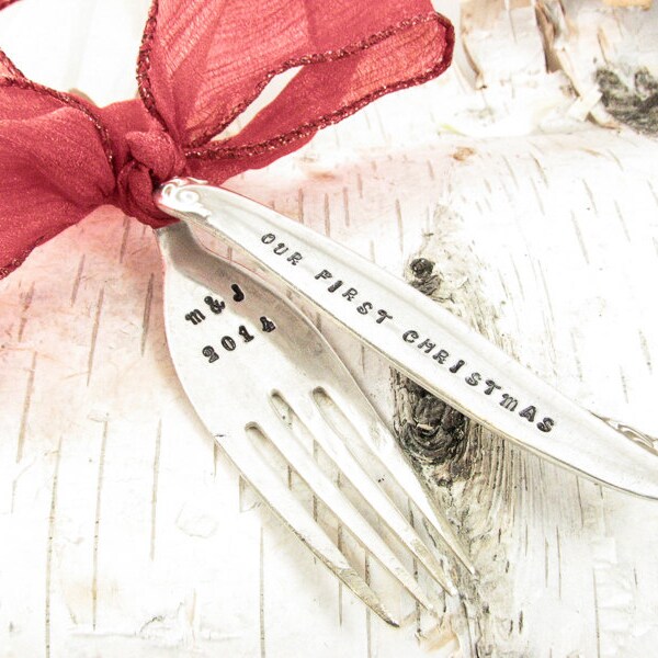 Custom Hand Stamped Christmas Ornament. Vintage Fork Decoration. Personalized with Your Own Wording. Christmas 2015. 043HOL