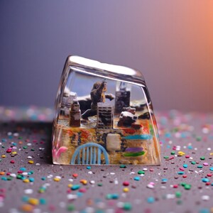 以下が含まれることがあります： ミニチュアの都市景観とフィギュアが特徴の、透明で長方形の樹脂製キーキャップ。シーンには建物、フィギュア、青い椅子が含まれています。ベースにはカラフルなレイヤーがあります。キーキャップはまだらの表面に置かれています。
