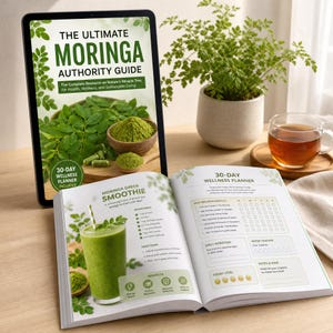 Puede incluir: Una tableta digital que muestra la portada de The Ultimate Moringa Authority Guide y un libro abierto que presenta un planificador de bienestar de 30 días con una receta de batido verde, una lista de verificación diaria y un rastreador de agua.