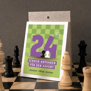 May include: A rectangular advent calendar with a green and light green checkered background, a large purple number 24, and the text "SCHACH-AUFGABEN FÜR DEN ADVENT" with "abreißen • öffnen • knobeln" below. It features small black and white chess pawns.