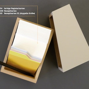 REZEPTBOX, Kiste mit Rezeptkarten, Registern und Deckel, Rezeptbuch mal anders, schönes Geschenk zum Geburtstag oder Einzug, Sperlingb