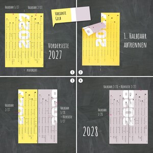 May include: A yellow and light purple wall calendar for 2027 and 2028 with a perforated design. The calendar displays months and dates in a vertical layout. Text includes 'VARIANTE GELB', 'VORDERSEITE 2027', '1. HALBJAHR ABTRENNEN', and '2028'.