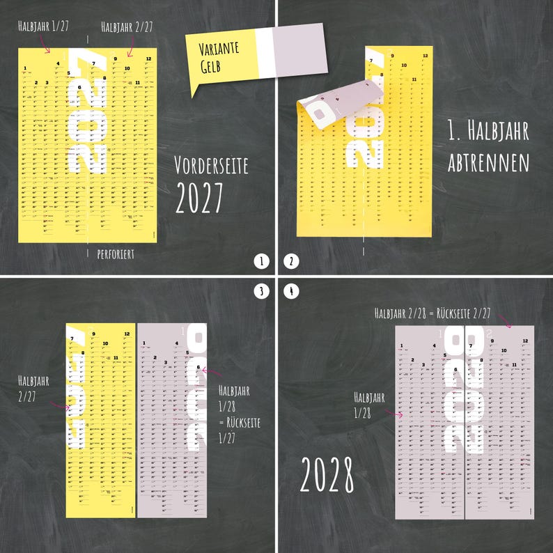May include: A yellow and light purple wall calendar for 2027 and 2028 with a perforated design. The calendar displays months and dates in a vertical layout. Text includes 'VARIANTE GELB', 'VORDERSEITE 2027', '1. HALBJAHR ABTRENNEN', and '2028'.