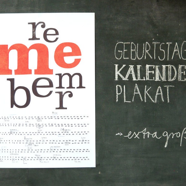 Geburtstagskalender „remember me“, Plakat, A 1 Poster, Wandkalender für Geburtstage, immerwährender Kalender, für Geburtstage, sperlingb.de