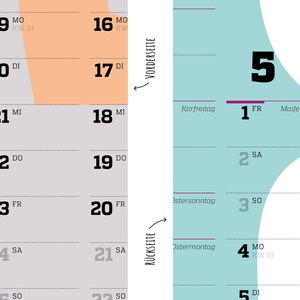 May include: A wall calendar page featuring a split design with a light gray and peach section on the left and a light blue section on the right. The text VORDERSEITE with an arrow pointing up and R&Uuml;CKSEITE with an arrow pointing down are visible.