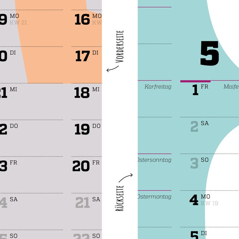 May include: A wall calendar page featuring a split design with a light gray and peach section on the left and a light blue section on the right. The text VORDERSEITE with an arrow pointing up and R&Uuml;CKSEITE with an arrow pointing down are visible.