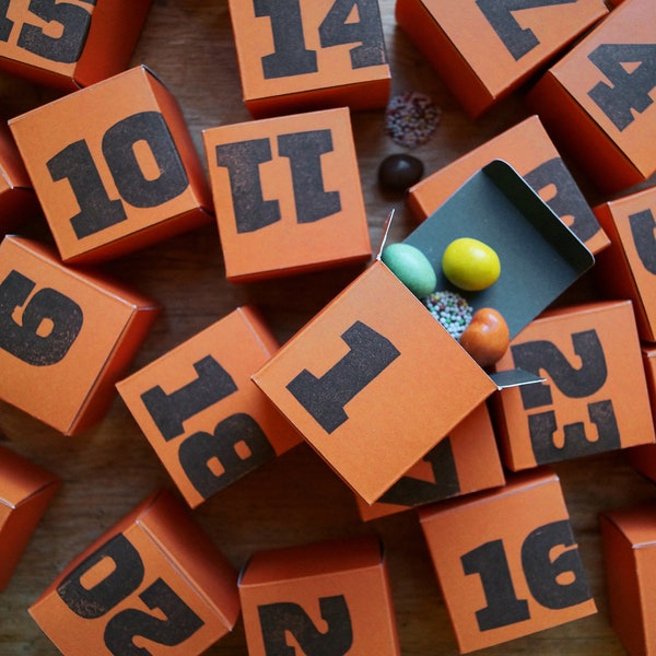 Adventskalender Kisten in orange/grau zum selber füllen, DIY Adventskalender, Würfel 5 x 5 x 5, Adventskalenderkisten, sperlingb