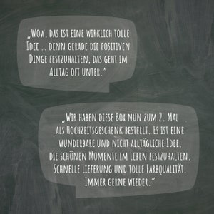 Kundenrezensionen: „Wir haben diese Box nun zum 2. Mal als Hochzeitsgeschenk bestellt. Es ist eine wunderbare und nicht alltägliche Idee, die schönen Momente im Leben festzuhalten.“