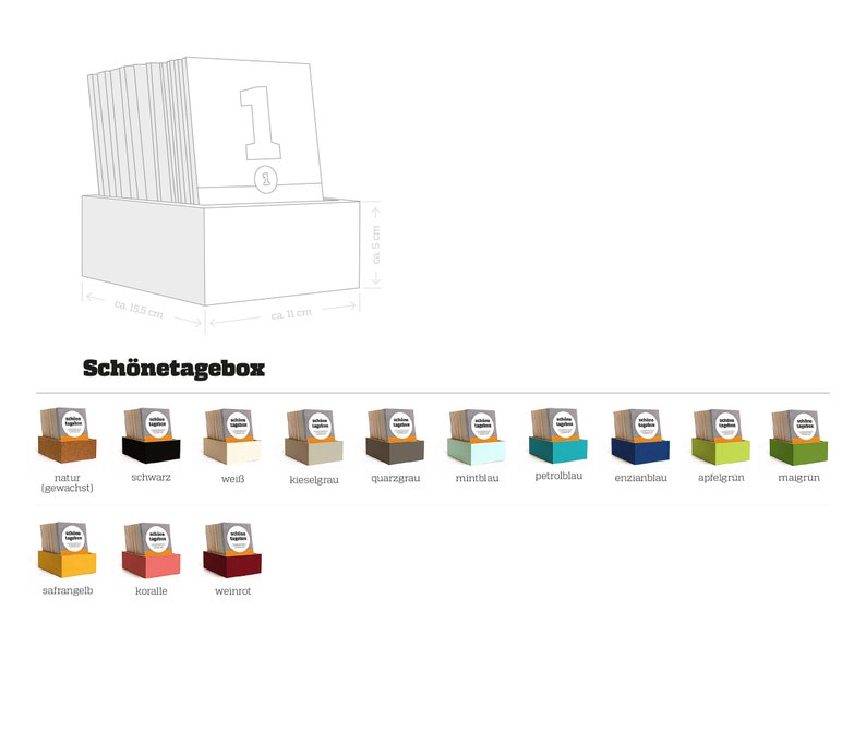 Maßangaben der Holzkiste der schönetagebox und Übersicht der verschiedenen Farb-Varianten.