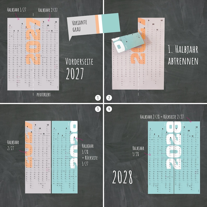 May include: A 2027 and 2028 wall calendar with a perforated center line for separating halves. The design features large orange and white year text, gray and light blue color blocks, and monthly grids. Text includes "VARIANTE GRAU", "VORDERSEITE 2027", "1. HALBJAHR ABTRENNEN", "HALBJAHR 1/27", "HALBJAHR 2/27", "HALBJAHR 1/28", and "R&Uuml;CKSEITE 2/27".