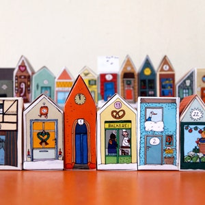 Advent calendar handicraft sheet, small advent calendar houses to fill yourself, lovingly illustrated, 24 different houses