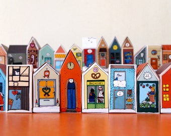 Advent calendar handicraft sheet, small advent calendar houses to fill yourself, lovingly illustrated, 24 different houses