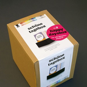 Die happydaysbox/schönetagebox verpackt in einem Wellpapp-Karton. Ein Aufkleber auf dem Karton zeigt ein Foto des Produktes. Außerdem ist der Titel abgedruckt: schönetagebox  immerwährender Kalender zum Momente merken und wieder finden.