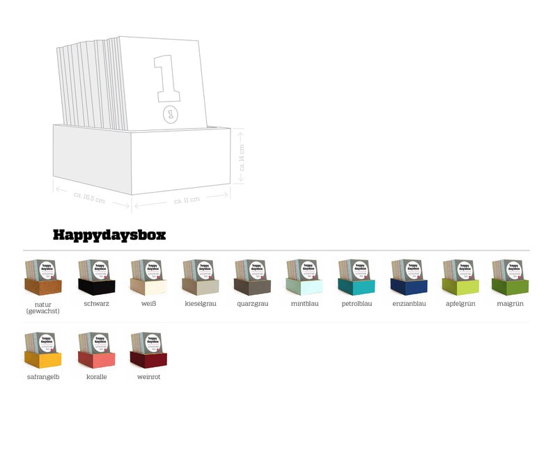 Maßangaben der Holzkiste der happydaysbox und Übersicht der verschiedenen Farb-Varianten.