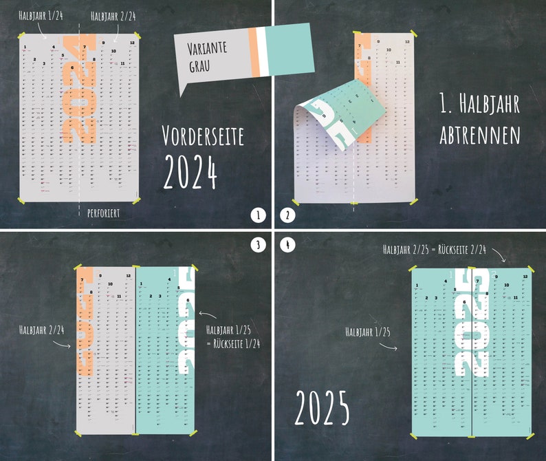 A1-Jahresplaner, 2-Jahres-Kalender, Wandkalender 2024 und 2025, 24 Monate verwendbar, Halbjahre abtrennbar, Familienplaner, sperlingb Grau