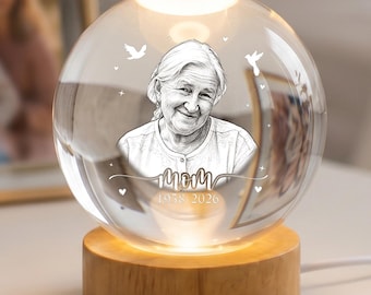 Custom Name Crystal Ball Light Memorial Gift, Engraved Portrait Remembrance Keepsake, Sympathy Decor for Loss of Loved One, Memory Light