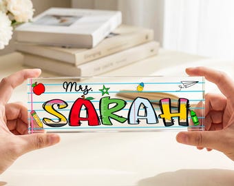 Personalized Colorful Teacher Name Sign, School Doodle Acrylic Desk Plaque,Classroom Decor, Teacher Appreciation Gift, Back to School
