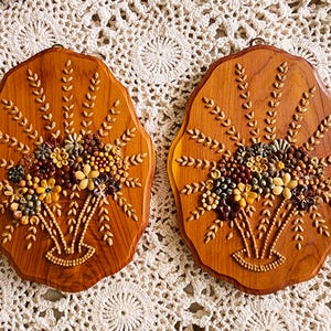 Vintage Mid-Century Seed Art Wall Plaques – Floral Basket Design – Set of 2