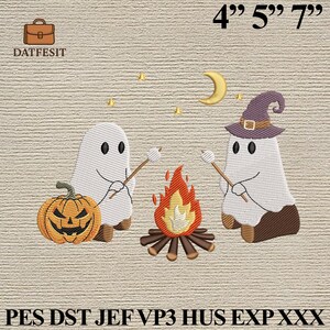 Motif de broderie fantasmagorique au feu de camp, fichier de point Halloween pour sweat-shirts ou cabas, joli motif fantôme d'automne, téléchargement immédiat