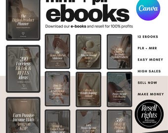 May include: A promotional image for digital products, featuring a collection of ebooks on tablets. The text includes "mmr + plr ebooks" and phrases like "Digital Product Planner" and "Resell rights." The image also highlights "Easy Money" and "High Sales."