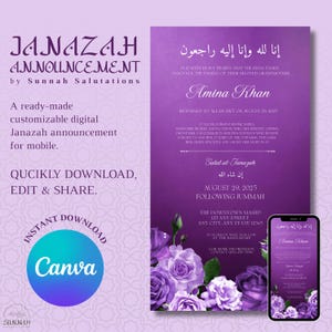 Janazah Announcement Purple with Roses Muslim Funeral Islamic Burial