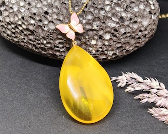 Baltic Amber Pendant, Pink Enamel Butterfly, Gold-Plated Sterling Silver